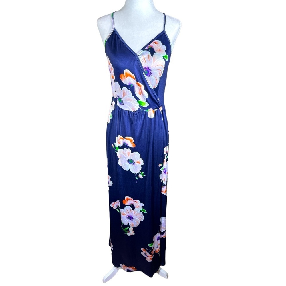 Navy Blue Floral Spring Summer Maxi Dress Women's Size Medium